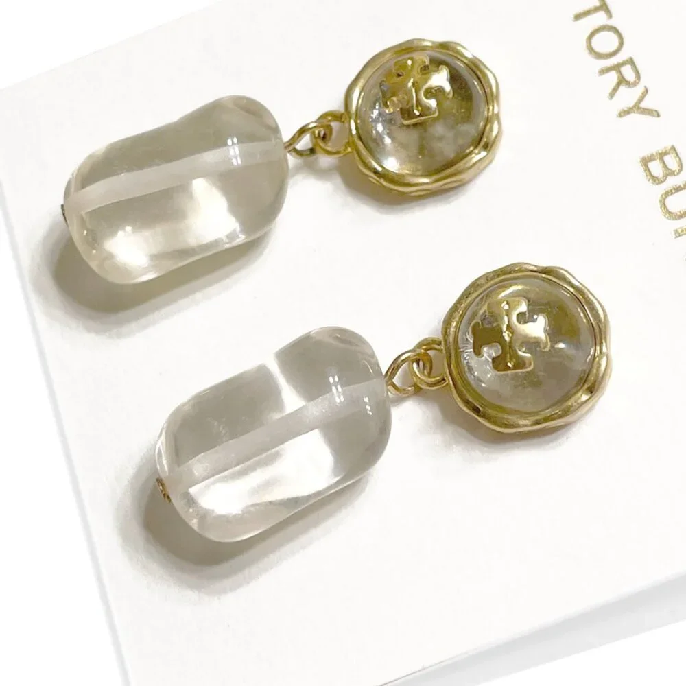 TORY BURCH Roxanne Stone & Logo Drop Earrings NWOT